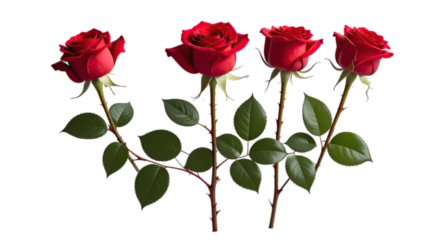 Four vibrant red roses stand tall on stems, dark background