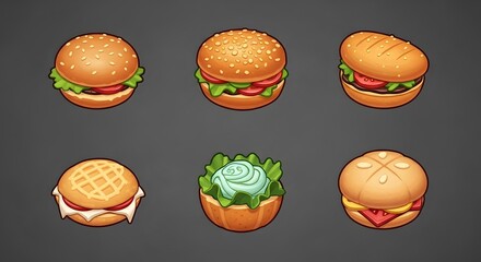 Set of Six Different Cartoon Illustrated Hamburgers and Cheeseburgers Food Icons Various Styles Isolated On Dark Background For Game Design or Menu