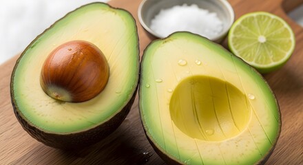Fresh Avocado Halved Displaying Seed Pit and Green Flesh On Wooden Cutting Board With Salt Flakes and Lime Healthy Fat Ingredient