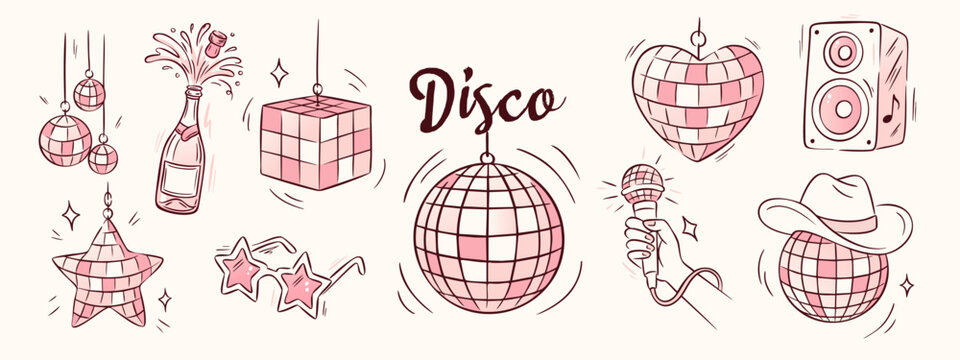 A disco ball cowgirl pink vector illustration set with a hat, microphone and champagne drawn in a whimsical coquette style. A cowgirl disco set for a bachelorette party, retro western dance aesthetic.