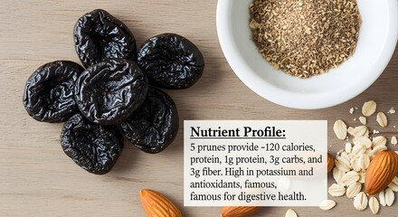 Dried prunes nutritional profile text display featuring healthy food ingredients oatmeal almonds spice bowl wood background fiber antioxidants potassium