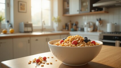 Bowl of Colorful Granola and Berries on Wooden Table in Sunlit Kitchen during Morning