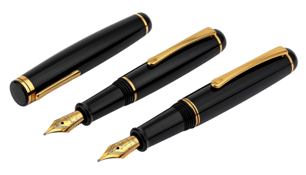 Three elegant, black and gold fountain pens laying diagonally