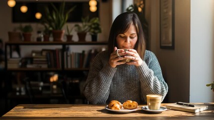 Woman sips coffee in cafe with croissants and book - Powered by Adobe
