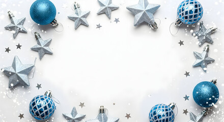 Blue and Silver Star Ornaments Framing White Holiday Space

