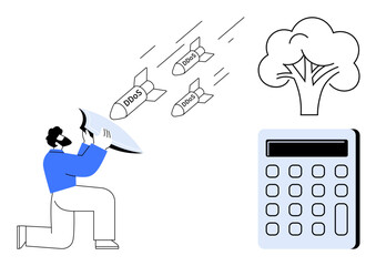Man with shield blocking DDoS attacks represented as missiles near a tree and calculator. Ideal for cybersecurity, IT defense, internet safety, DDoS prevention, digital protection, impact analysis