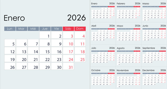 Clean Minimalist 2026 Yearly Calendar Grid Layout, on Spanish language