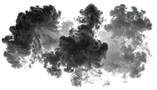Three dense, swirling plumes of gray smoke, isolated