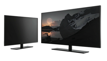 Two monitors; one with landscape, other blank, on black ground