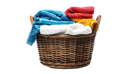 Wicker basket full of neatly folded, bright, colorful towels