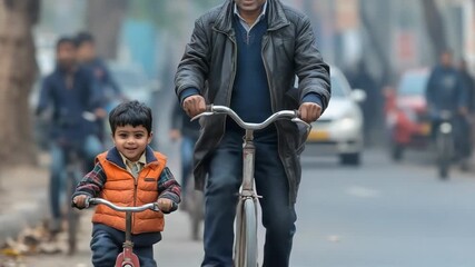 selective focus father cycling with child