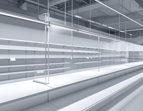 Empty, modern supermarket interior with multiple rows of shelves