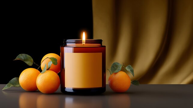 Stylish Christmas and New Year composition on dark background. Elegant trendy lifestyle photo. Festive holiday modern mock up concept with candle and oranges.