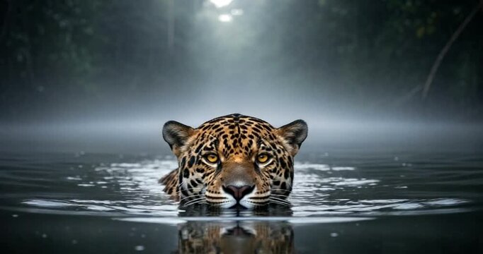 Jaguar swimming in a river in the amazon rainforest with foggy background