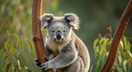 Fototapeta premium Close-up of a koala in a eucalyptus tree. A grey and white koala sits perched on a branch, looking directly at the camera. Soft sunlight bathes the scene