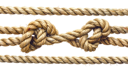 Stacked ropes, two knotted together, over a dark background