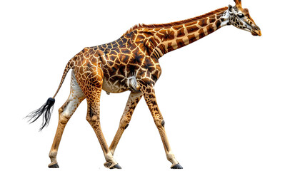 Elegant giraffe walks, brown and patterned, isolated on black