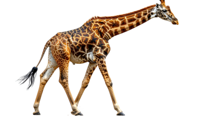 Elegant giraffe walks, brown and patterned, isolated on black