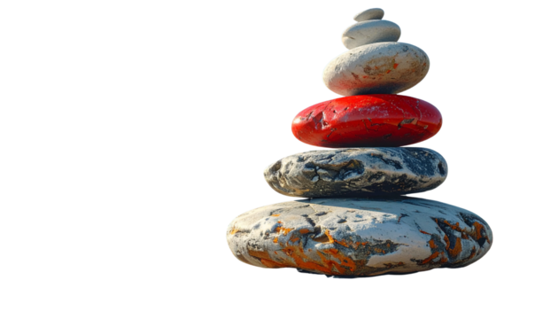 colorful stone red stone Stacked pebbles on a white background, symbolizing harmony, stability, and tranquil meditation. - Powered by Adobe