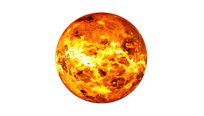 Fiery orange planet with swirling patterns, isolated on black