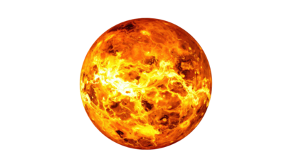 Fiery orange planet with swirling patterns, isolated on black