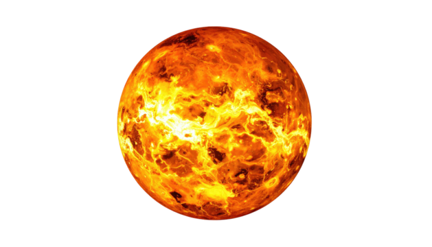 Fiery orange planet with swirling patterns, isolated on black