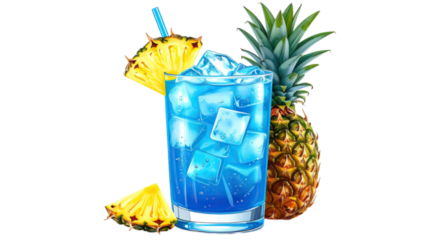 Blue drink with ice, pineapple slice and whole pineapple