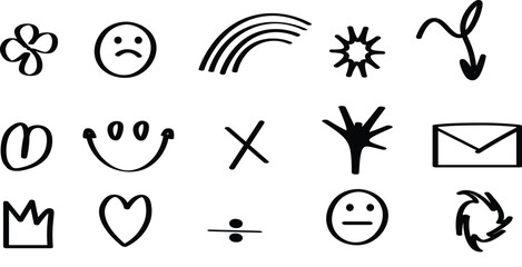 Abstract hand drawn elements punk graffiti doodles and swirls of different shapes, Smileys crown stars arrows and various symbols drawn with chalk or pencil, Vector elements isolated 