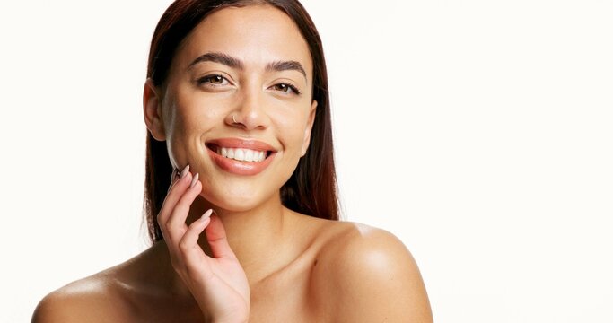 Skincare, happy and girl with portrait in studio for acne treatment results, hydration and glow. Mockup space, radiance and woman on white background with healthy skin, dermatology and natural beauty
