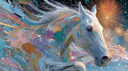 Majestic White Horse with Colorful Abstract Background and Fireworks