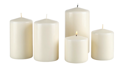 Five cream pillar candles of varying heights, one lit