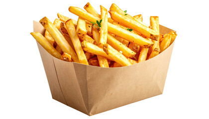 Golden fries overflowing from a brown cardboard container