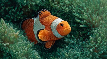 Vibrant Clownfish Swimming Among Green Anemone-Tipped Coral Reef