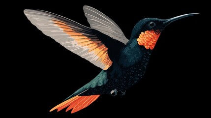 Fototapeta premium A delicate hummingbird glides through the air showcasing its bright feathers and fine details.