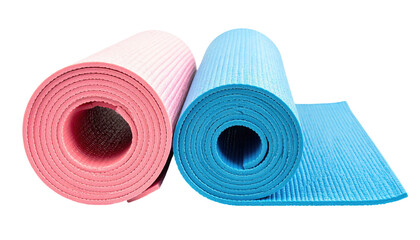 Rolled pink and blue ribbed exercise mats, close-up