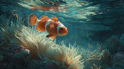 Clownfish Swimming Among Vibrant Coral Reef in Clear Ocean Water