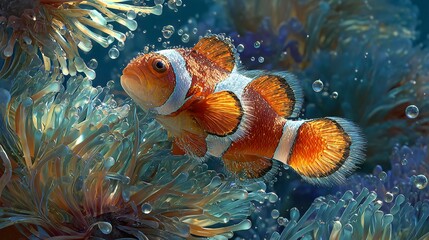 Vibrant Clownfish Swimming in Colorful Coral Reef Environment