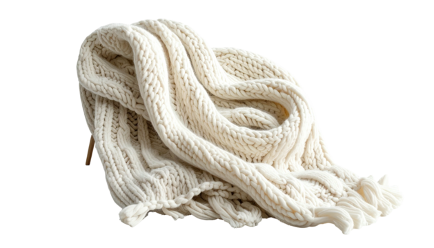 Creamy knitted scarf/blanket with cable pattern, isolated
