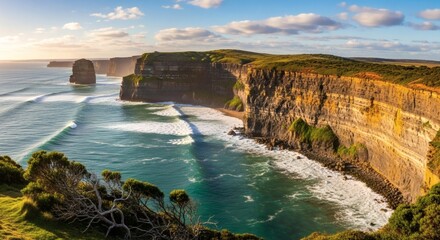 Coastal cliffs meet the turquoise sea. Rolling waves crash on a sandy beach below the towering cliffs