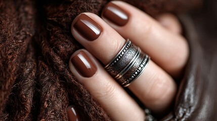 Elegant Brown Nails with Silver Rings on Cozy Wool Background