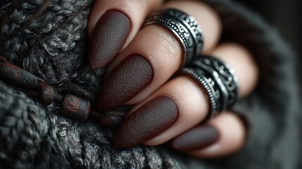 Elegant Chocolate Matte Nails with Silver Rings on Knitted Fabric