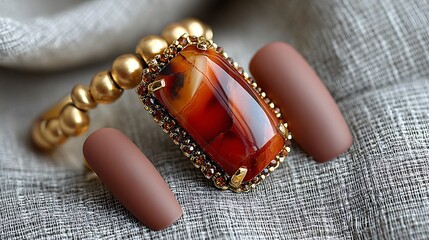Elegant Jewelry Arrangement with Brown Nails and Textured Background