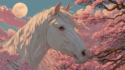 Majestic White Horse Surrounded by Blooming Cherry Blossoms at Night