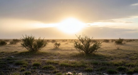 Obraz premium A sunlit, expansive, grassy field with sparse bushes, hazy atmosphere, and low-lying clouds
