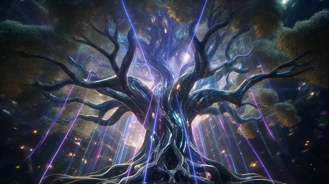A massive tree made of liquid metal and holographic leaves, radiating energy streams 
