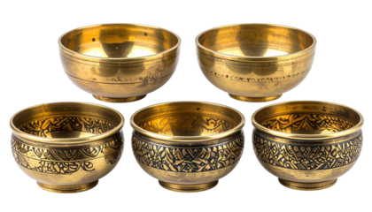 Five golden bowls, some ornate engravings, dark backdrop