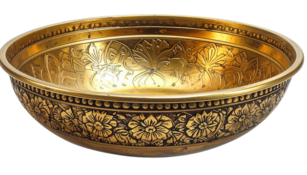 Ornate gold bowl with floral engravings, front lit