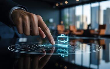 Businessman interacting with a futuristic holographic interface for career solutions