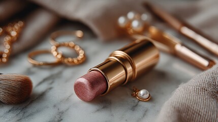 Luxurious Makeup Essentials with Lipstick and Gold Accessories