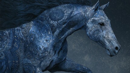 Majestic Horse with Intricate Blue Patterns in Motion and Elegance